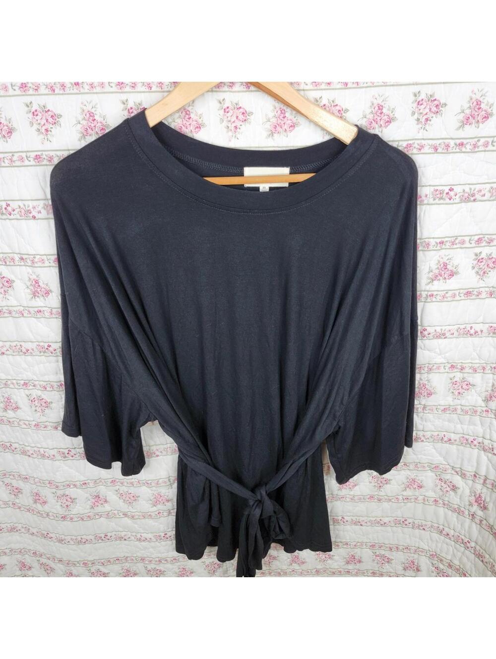 MELLO DAY 2X Black Tie Front Bell Sleeve Tunic Top Blouse Womens Plus Size